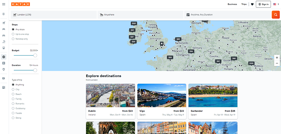 Screenshot of Kayak interactive map page